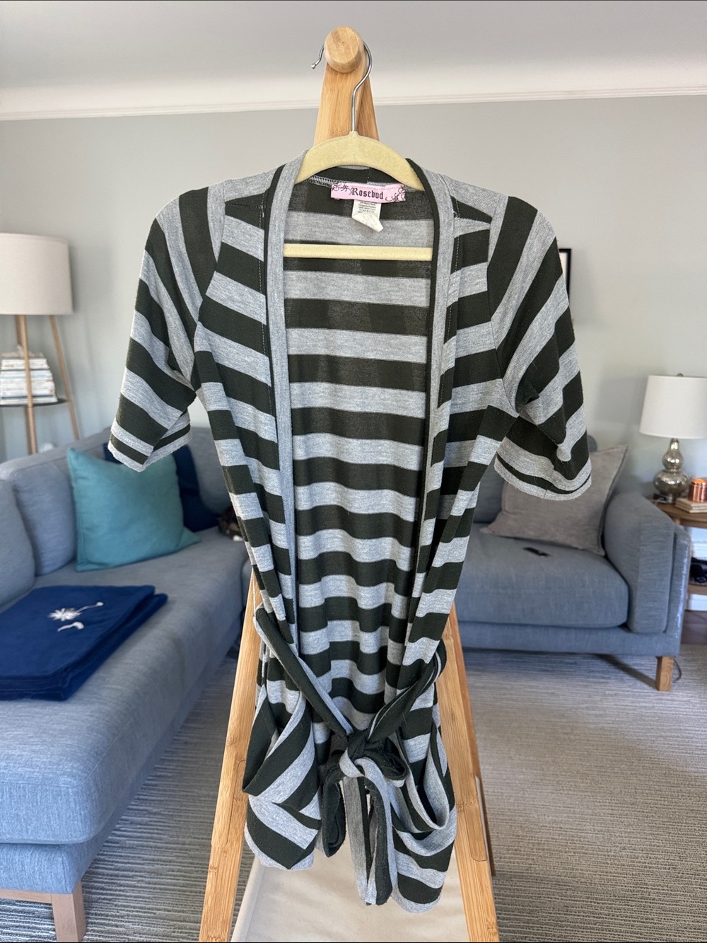 Rosebud Striped Belted Open-Front Cardigan - Gray & Green Stripe